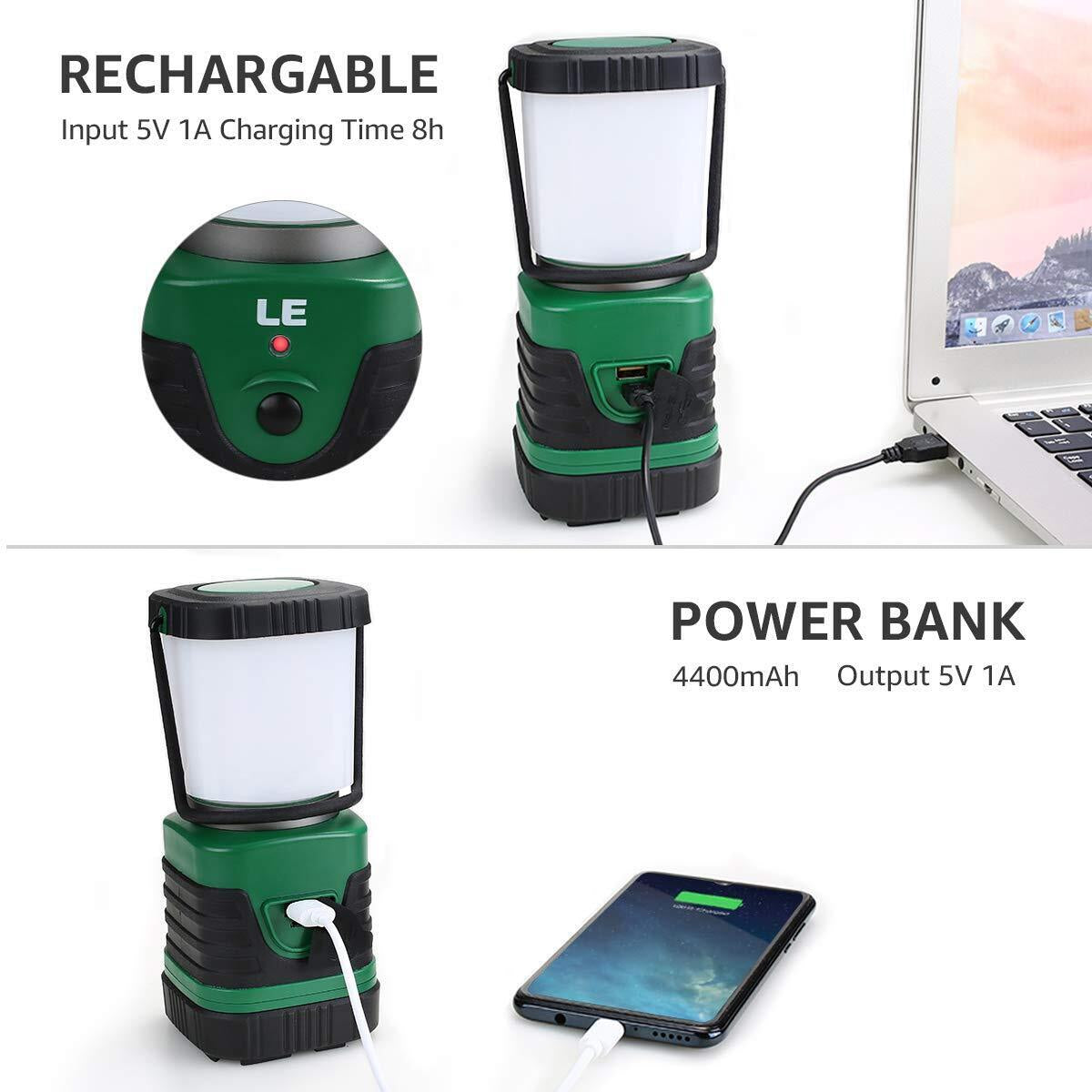 Rechargeable LED camping lantern with 4400mAh power bank, charges phones & laptops for van life adventures
