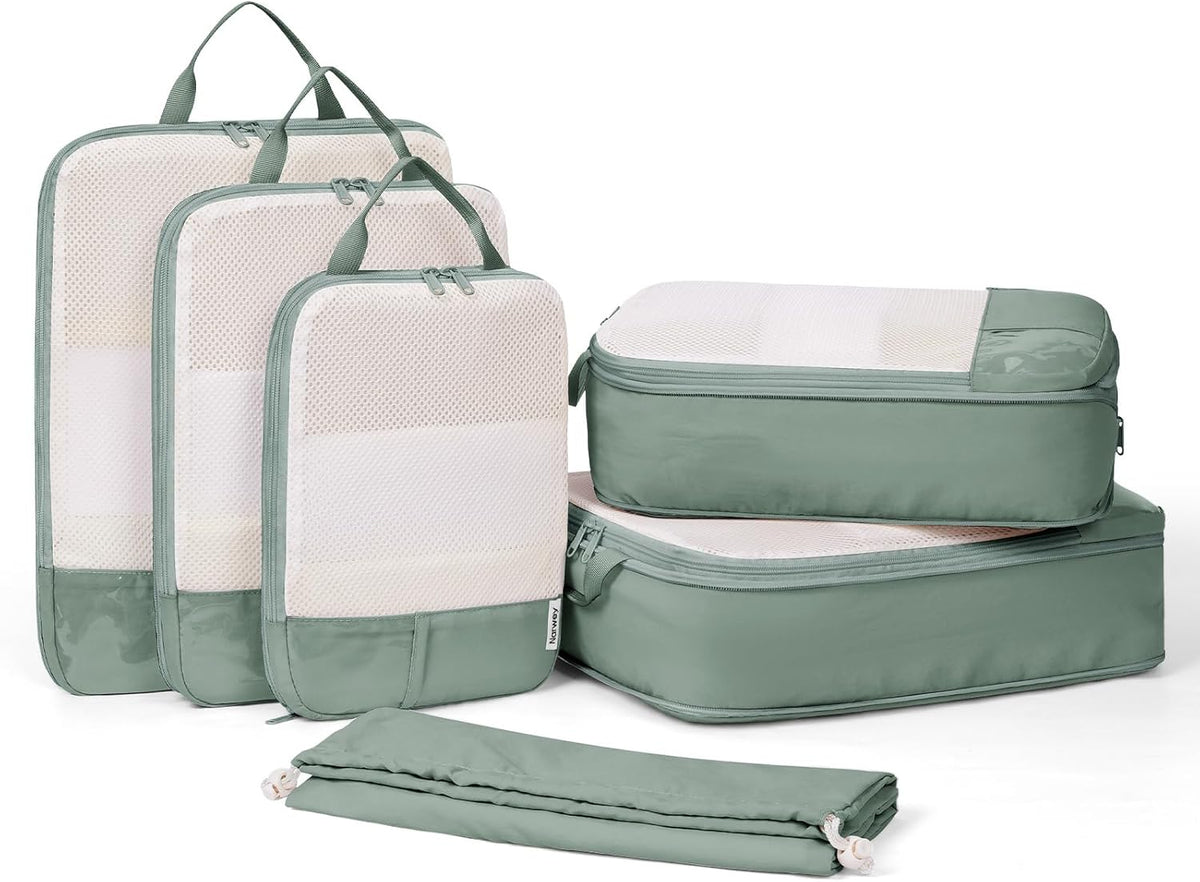 Sage Green Compression Packing Cubes – Set of 6 – sage green packing set on white