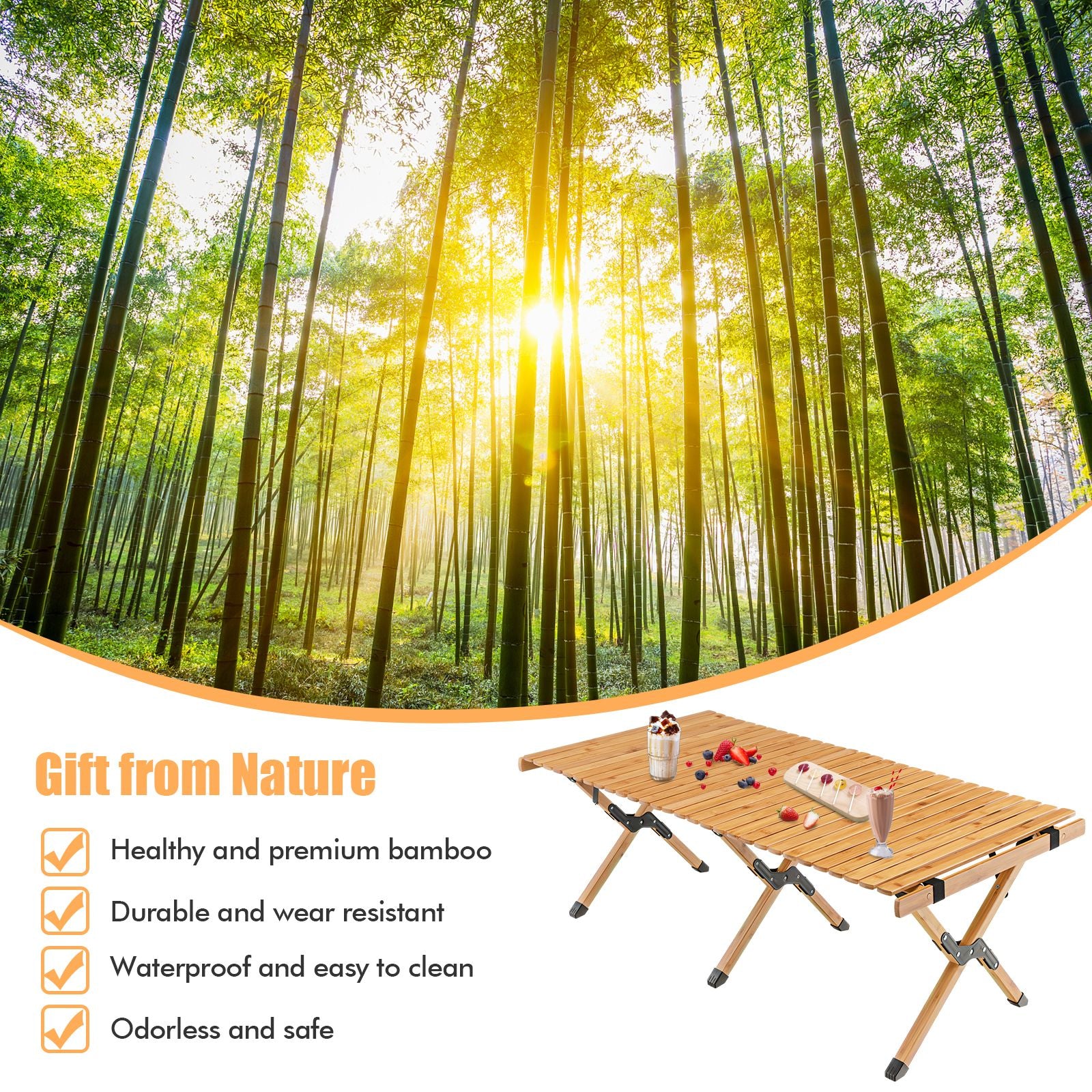 Portable bamboo camping table with drinks and berries, ideal for van life and outdoor adventures in nature.