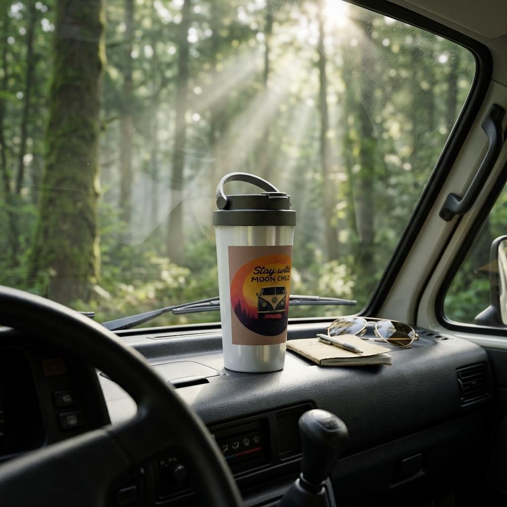 Van life travel mug with 'Stay Wild Moon Child' design on camper dashboard, forest sunlight backdrop