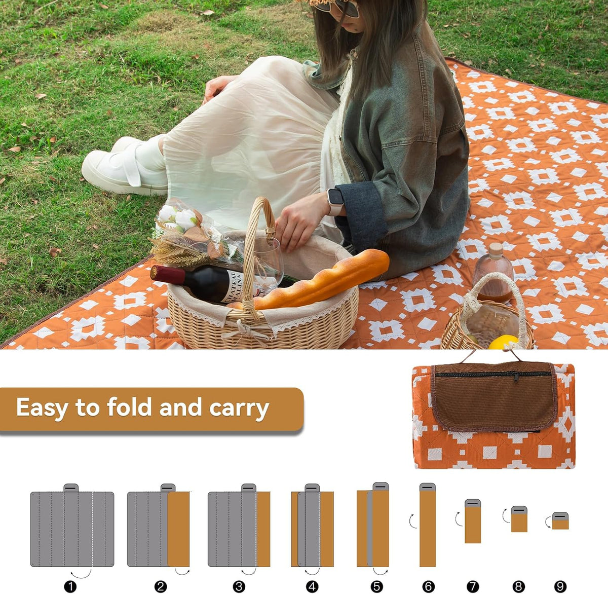 Picnic Blanket Waterproof 200X200Cm, Extra Large 3-Layer Thicking Beach Blanket Outdoor Camping Blanket Machine Washable Foldable Picnic Mat Camarel