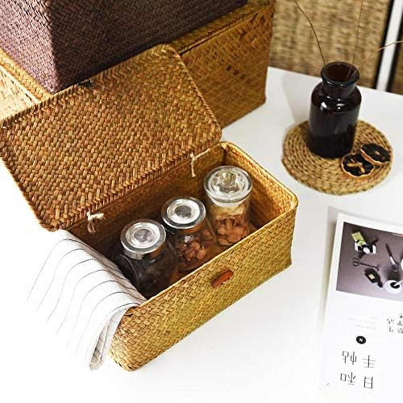Seagrass Storage Baskets with Lids Natural Wicker Basket (Medium 30Cmx18Cmx15Cm H)