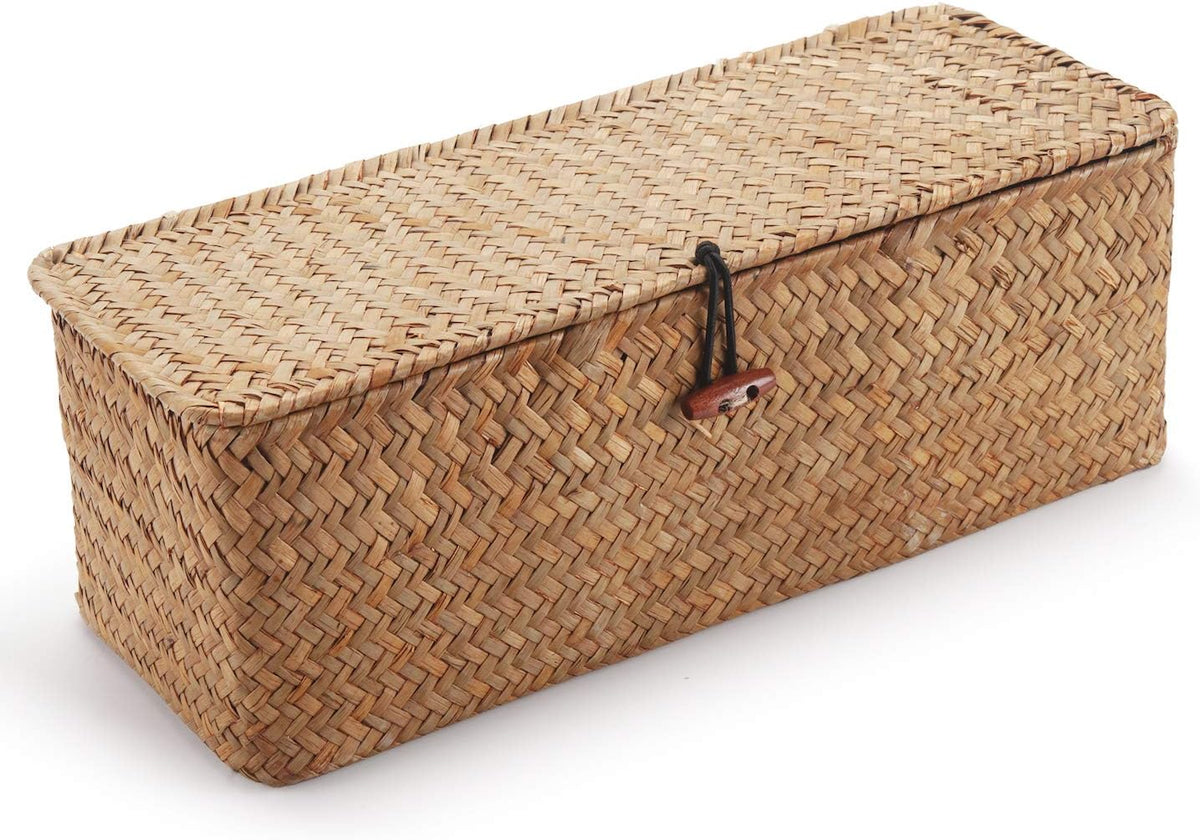 Seagrass Storage Basket with Lid Small Woven Shelf Baskets Rectangular with Sections for Organize Snack Toys Tampon