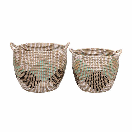 Round Seagrass Storage Baskets – Set of 2 – two empty woven baskets on white