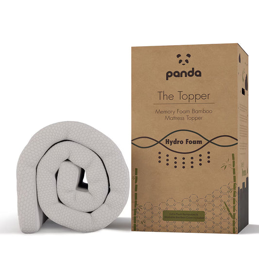 Panda The Topper memory foam bamboo mattress topper with hydro foam, rolled beside box for van life comfort
