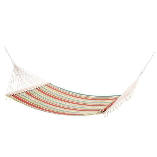 Striped hammock with wooden spreader bars and tassels, perfect for van life and outdoor relaxation
