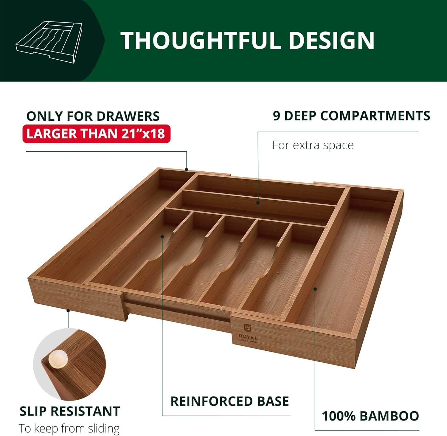 Bamboo drawer organizer with 9 deep compartments, slip-resistant base, for van life storage