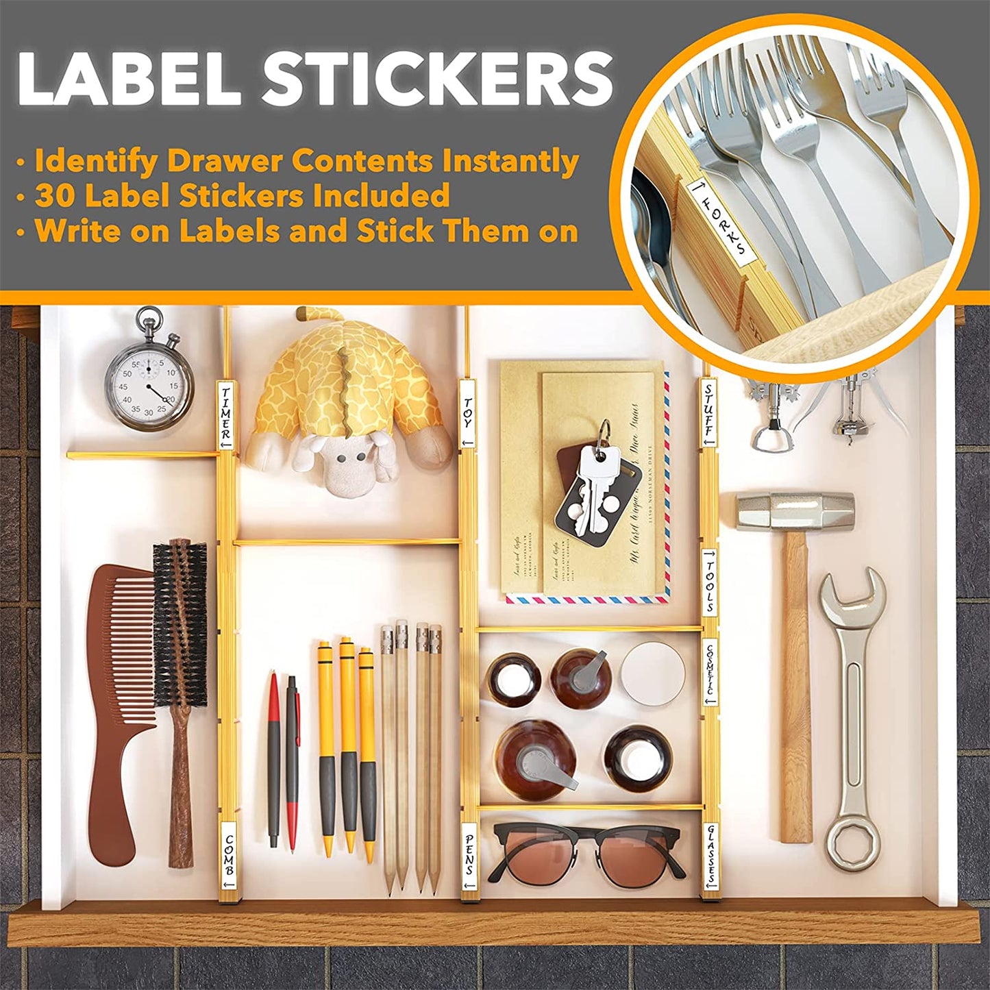 Drawer organizer with label stickers for van life essentials, tools, pens, and utensils