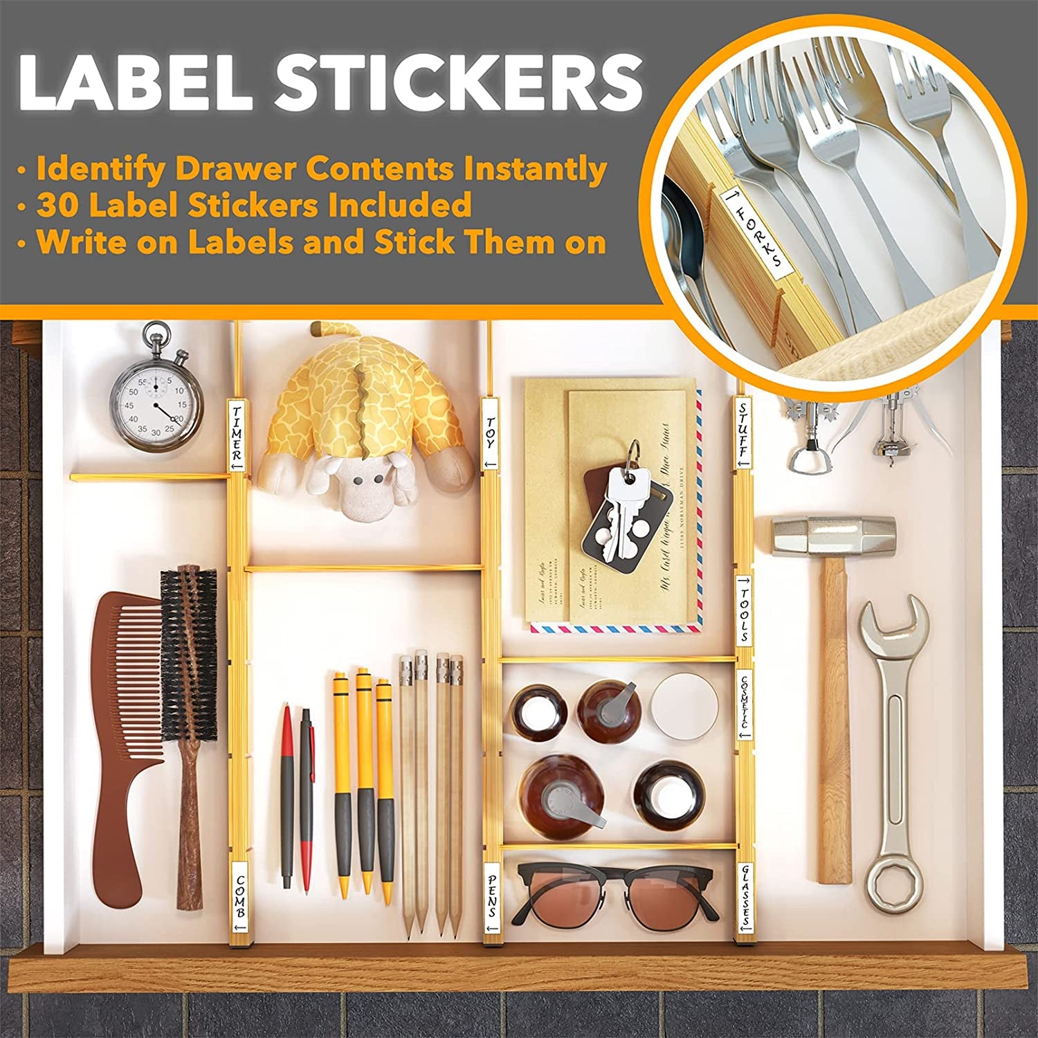 Drawer organizer with label stickers for van life essentials, tools, pens, and utensils