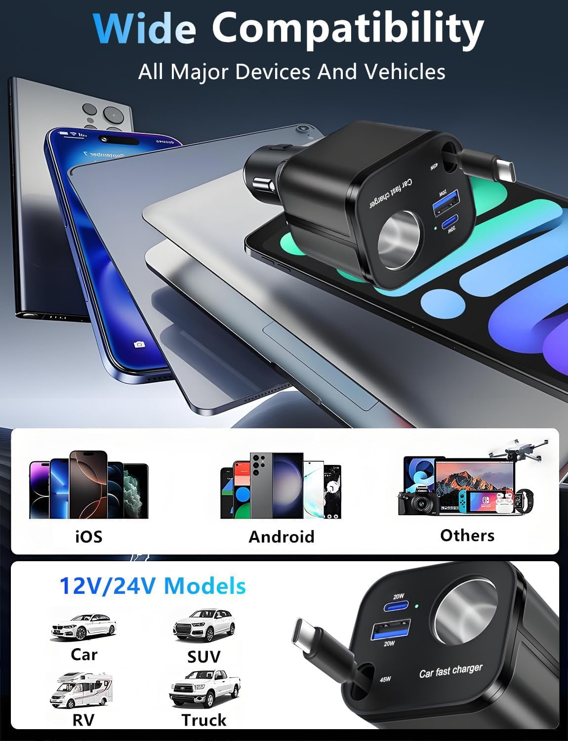 4-in-1 Retractable USB-C Car Charger – connection and vehicle compatibility illustration