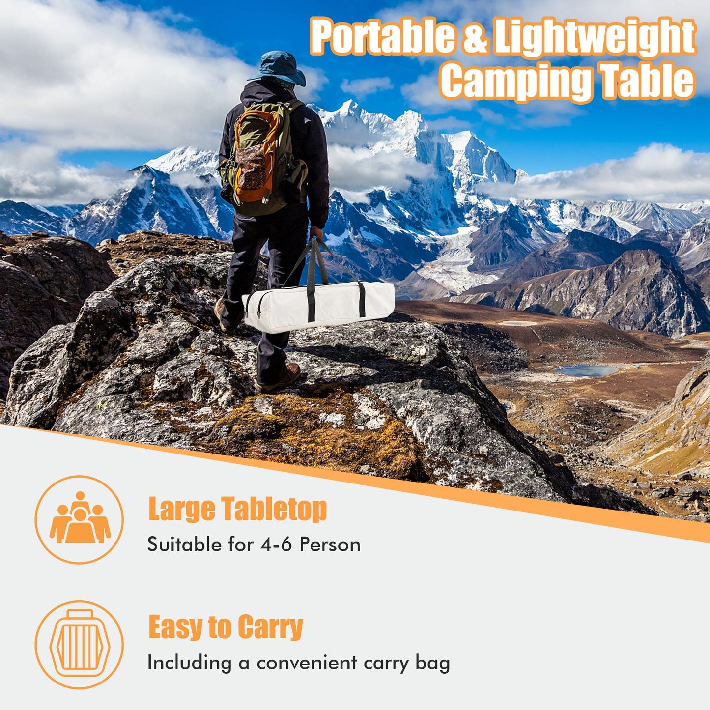 Hiker carrying portable lightweight camping table in mountains, ideal for 4-6 people, with carry bag