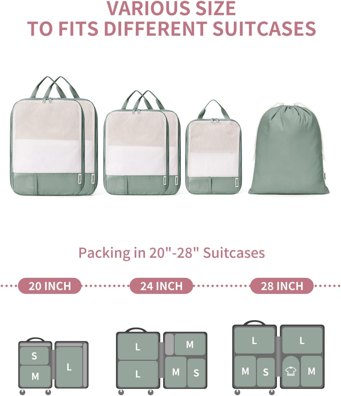 Sage Green Compression Packing Cubes – Set of 6 – packing bag size comparison