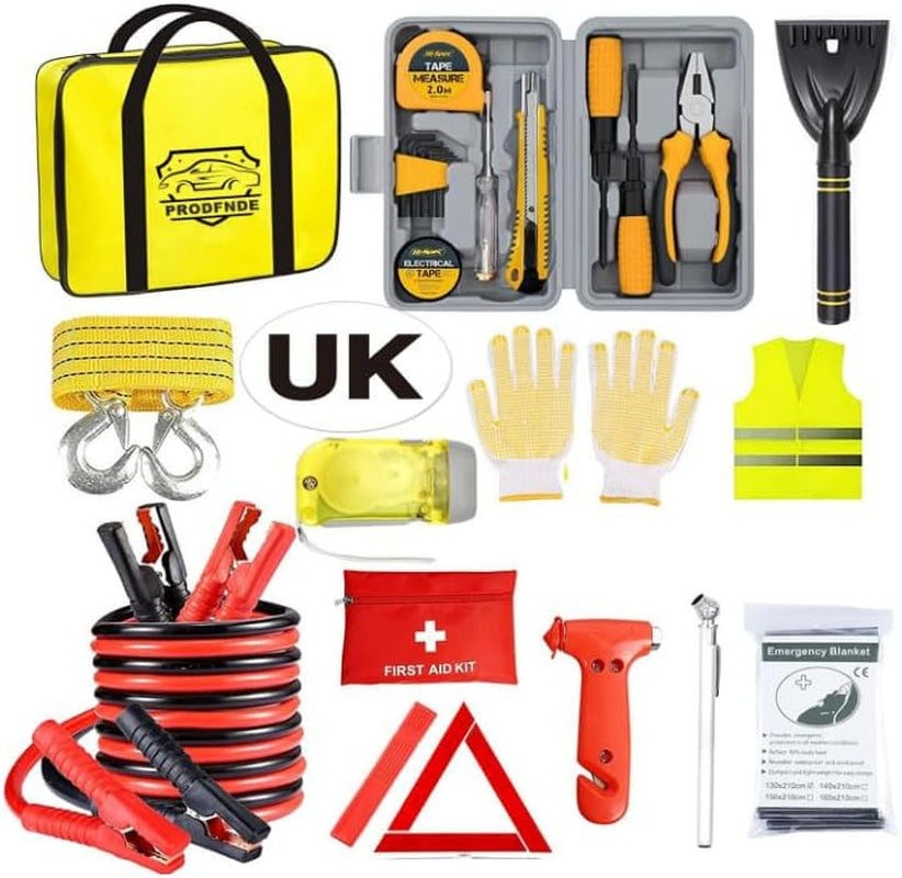 Van life emergency kit with tools, first aid, jumper cables, and safety gear for UK road trips