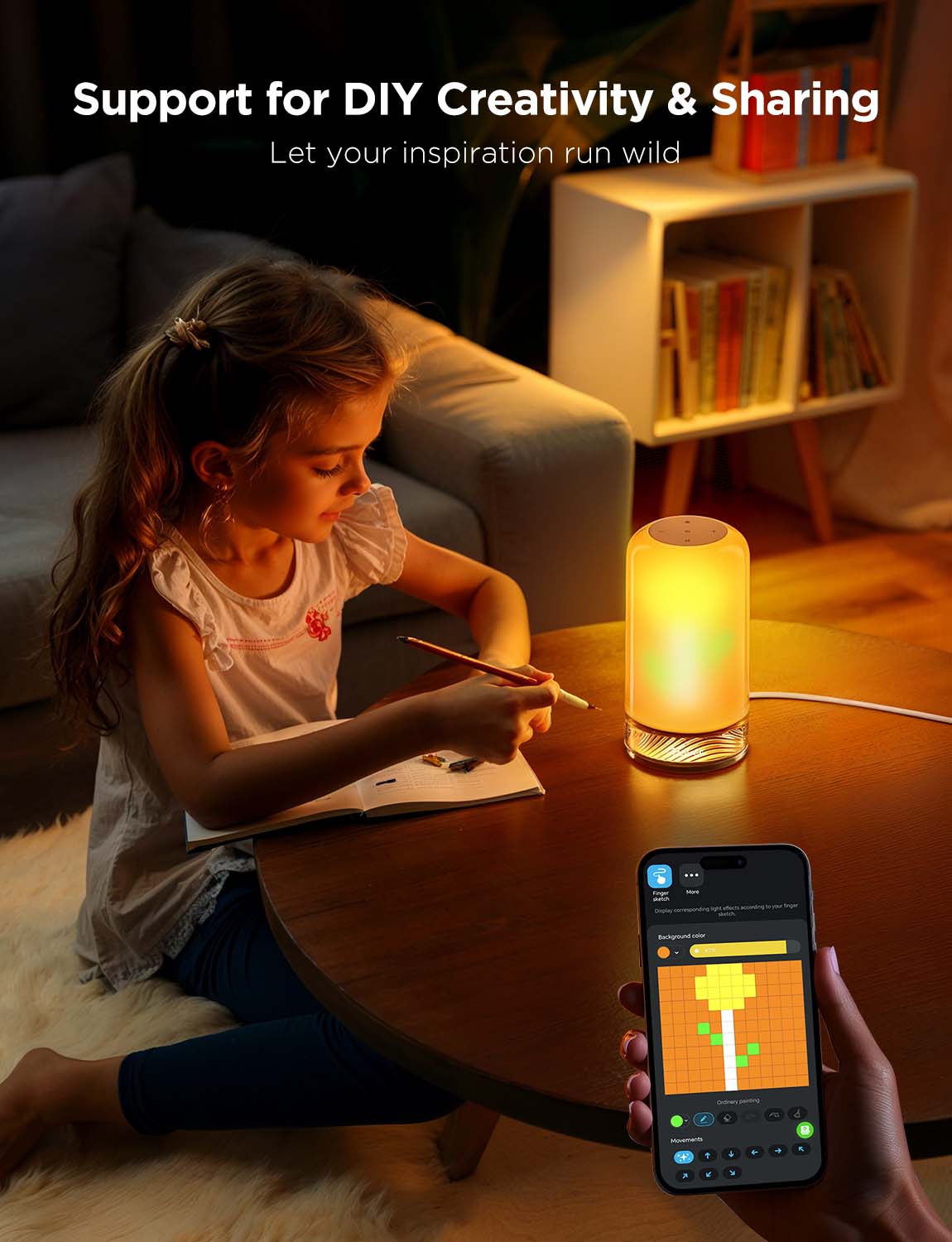 Smart color-changing lamp for kids' creativity, controlled via app, perfect for van life or cozy home nights