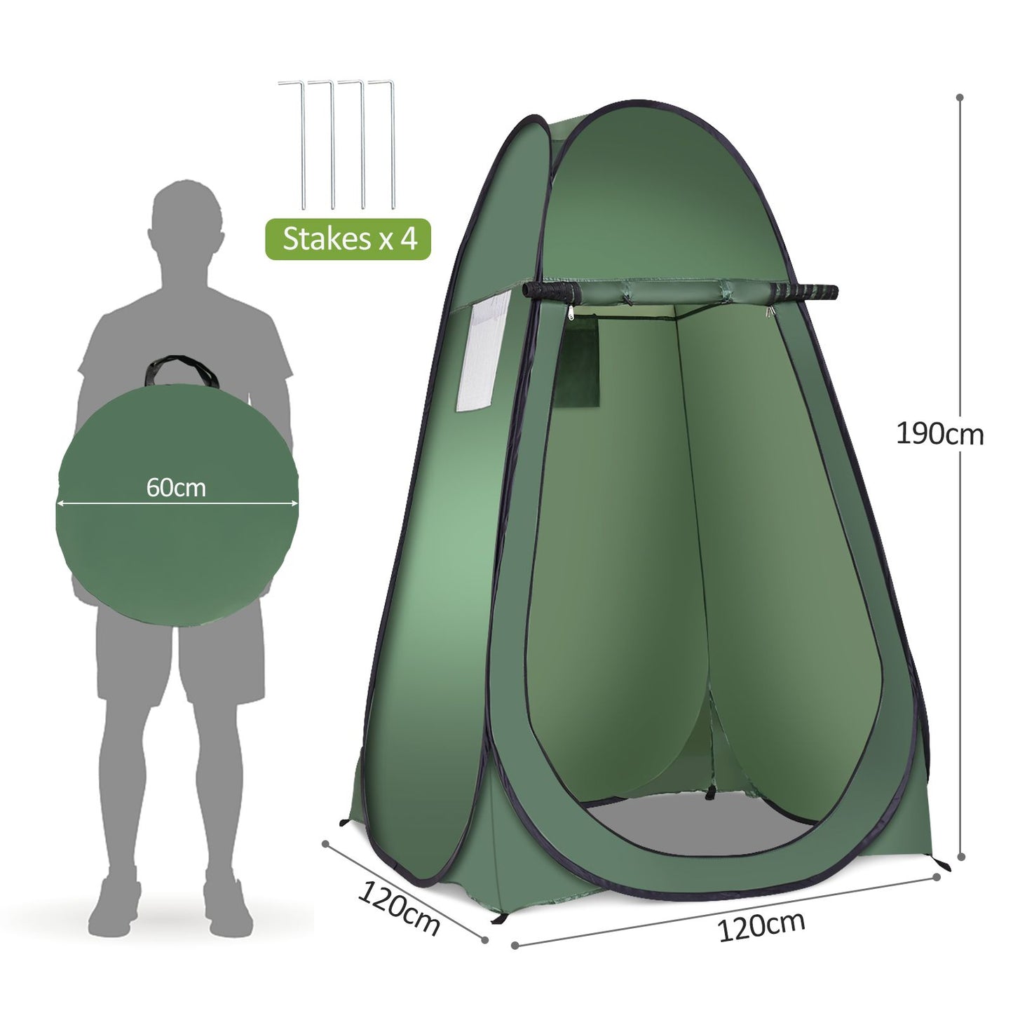 Portable pop-up privacy tent for camping, van life, or festivals with 190cm height, includes 4 stakes and carry bag