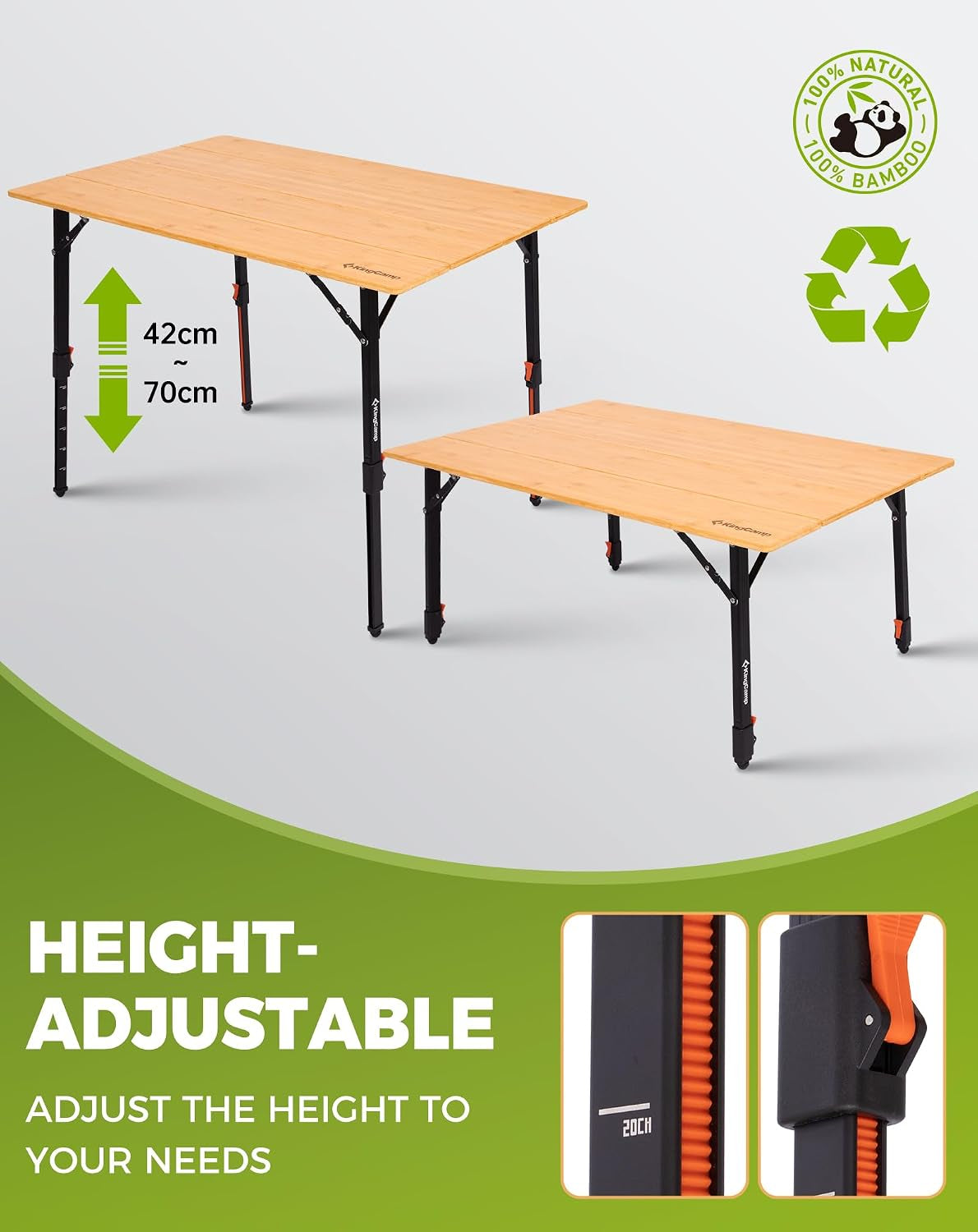 Adjustable Bamboo Camping Table – 80 × 60cm – table at different heights