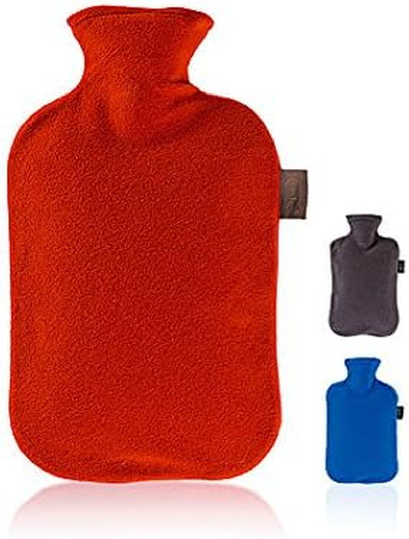 Red fleece hot water bottle with gray and blue options, ideal for van life warmth and outdoor adventures