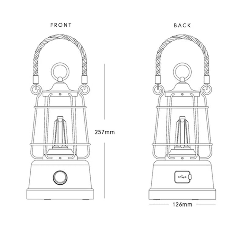 Compact LED lantern with rope handle, 257mm height, ideal for van life and camping adventures