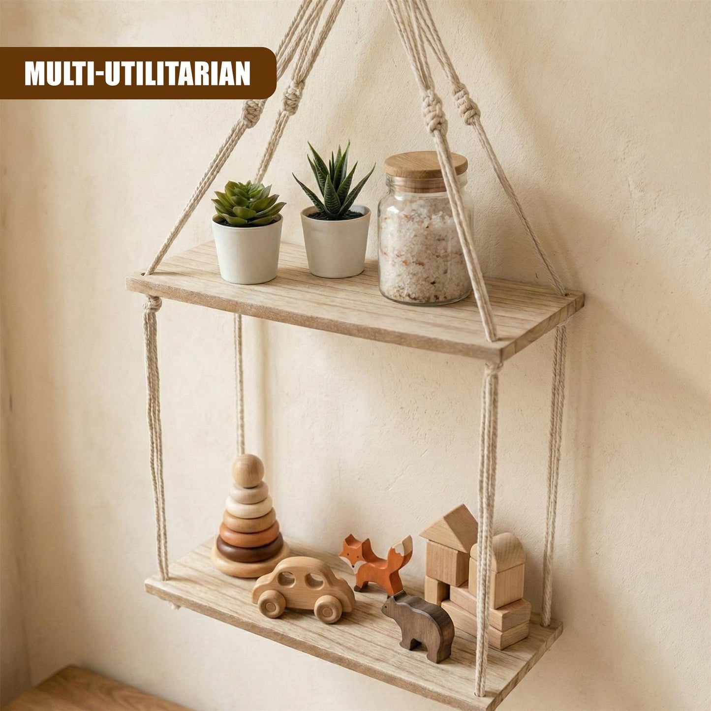 2 Tier Rope Hanging Shelf Wooden Boho Bedroom Decor Plant Display Storage Rack