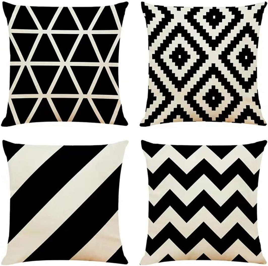 Black & Cream Geometric Cushion Covers – 4 Pack, 50cm – four black and cream geometric designs on white