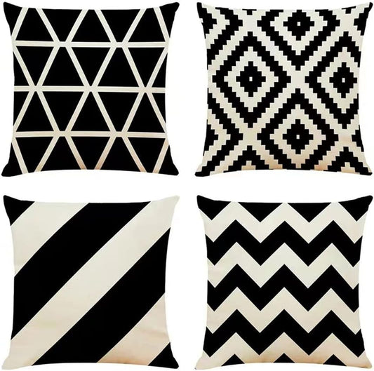 Black & Cream Geometric Cushion Covers – 4 Pack, 50cm – four black and cream geometric designs on white