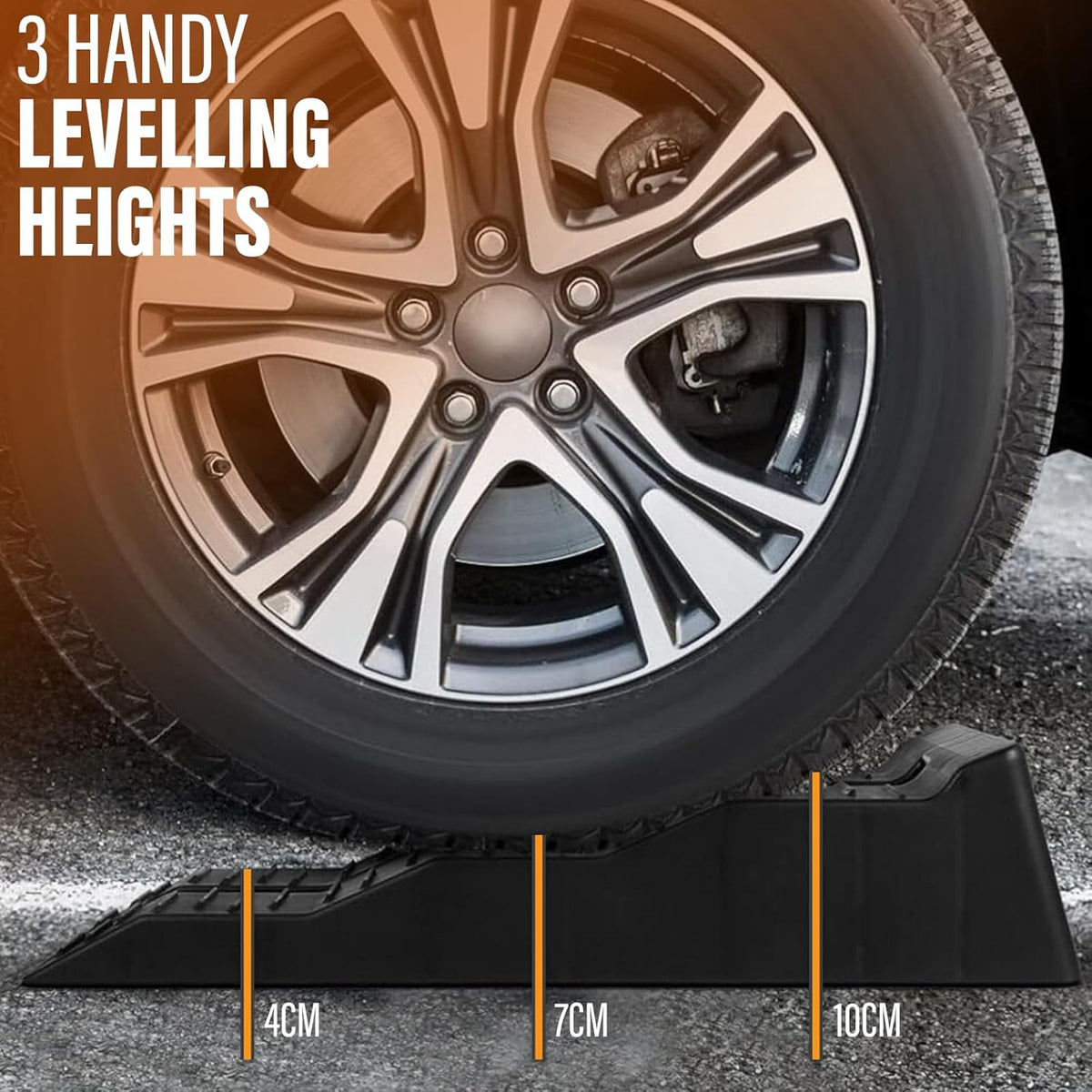 Motorhome Levelling Ramps with Carry Bag – wheel resting on a stepped ramp
