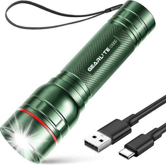 Rechargeable LED Torch, 2000LM Torches LED Super Bright with 3 Modes, Portable Small Torch with Battery, Waterproof Flashlight Zoomable for Power Cut, Emergency, Camping, Hiking- Green