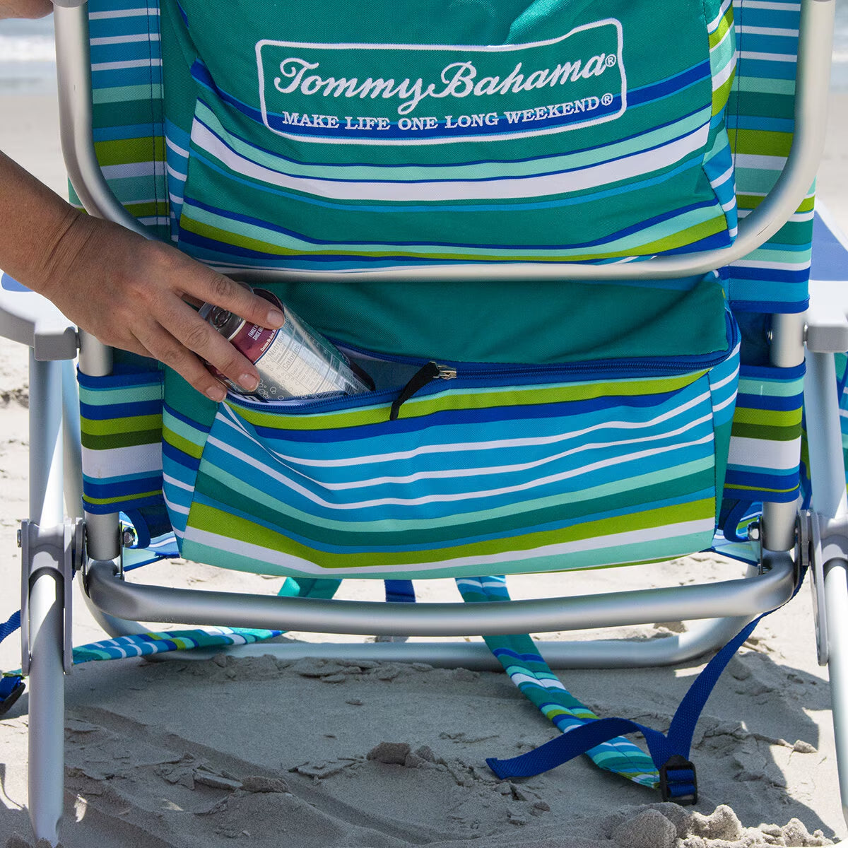 Tommy Bahama beach chair with cooler pocket, perfect for van life adventures and outdoor relaxation.