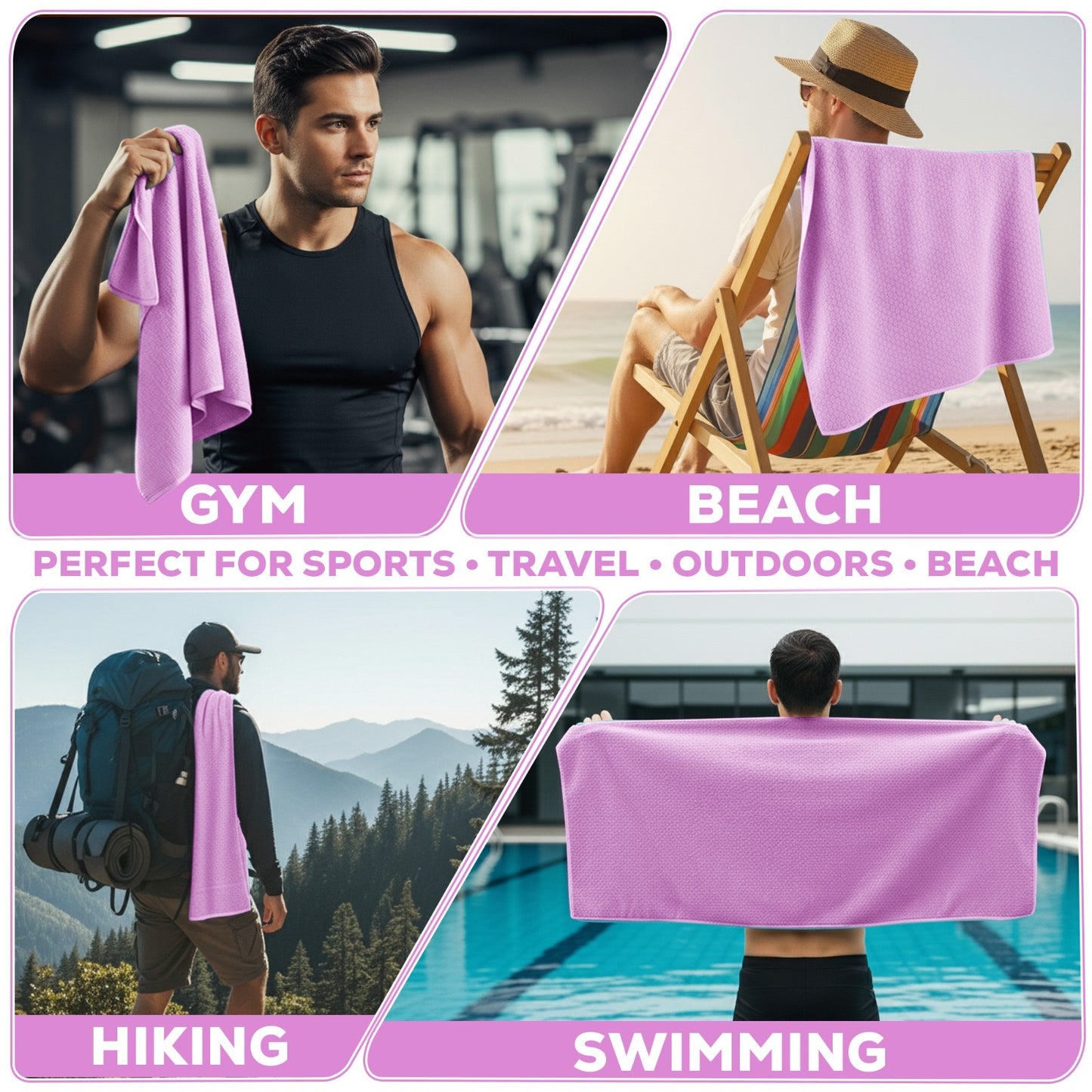 Purple quick-dry towel for gym, beach, hiking, swimming — ideal for van life, travel & outdoor adventures