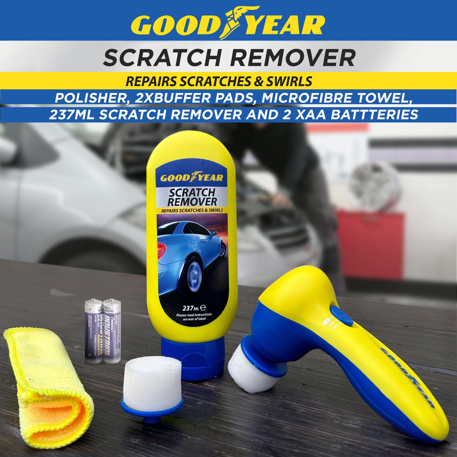 Goodyear scratch remover kit with polisher, microfiber towel, buffer pads & batteries for car paint repair
