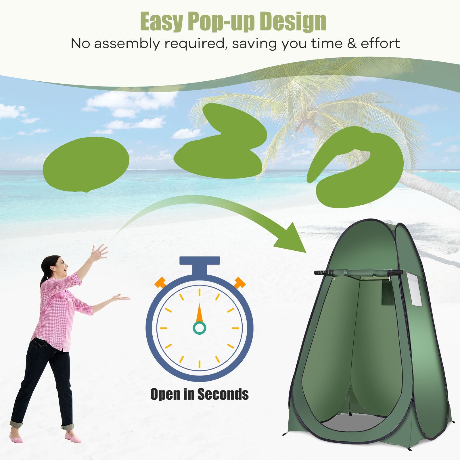 Green pop-up privacy tent for beach or van life, opens in seconds, no assembly needed