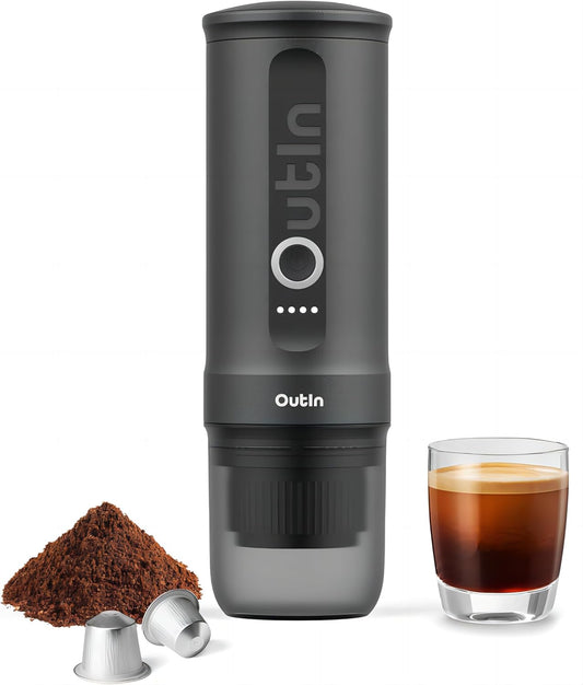 OutIn Nano Portable Espresso Maker – Space Grey – Space Grey espresso maker with coffee props on white