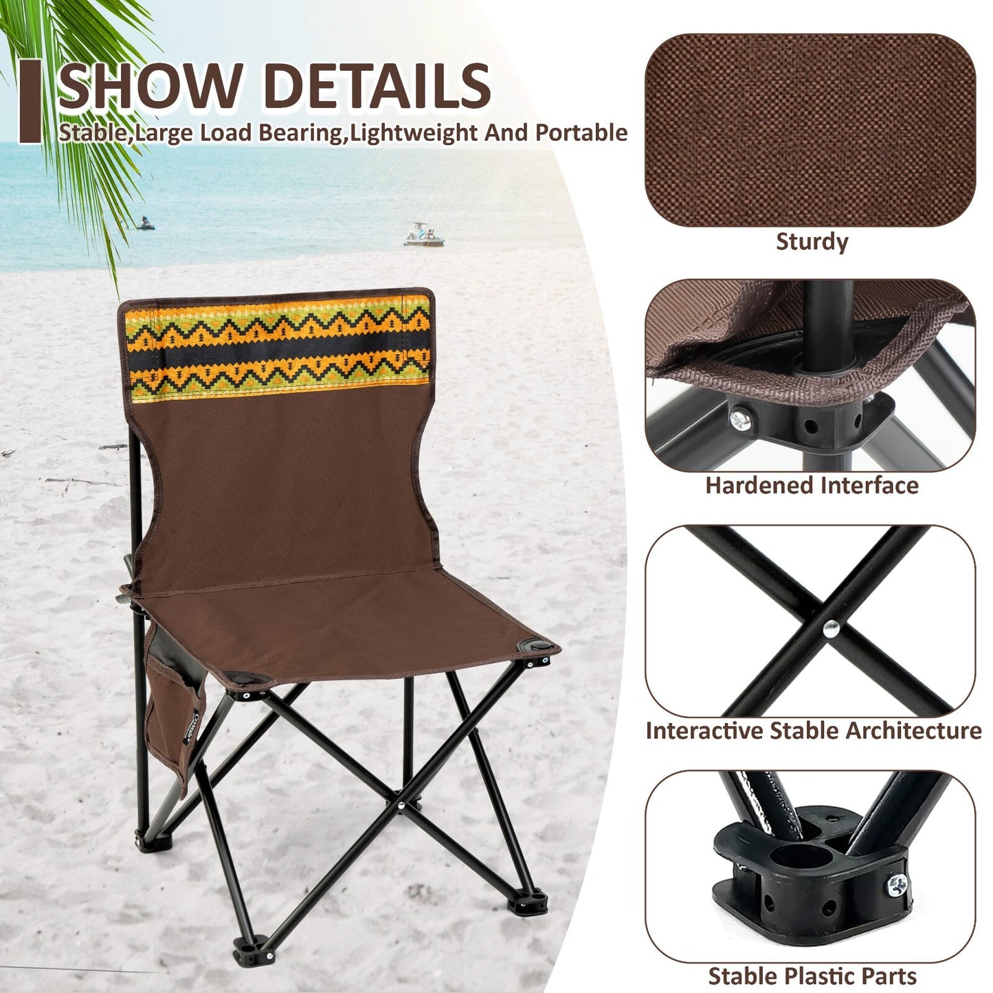 Portable camping chair with patterned back, sturdy frame, ideal for beach or van life adventures