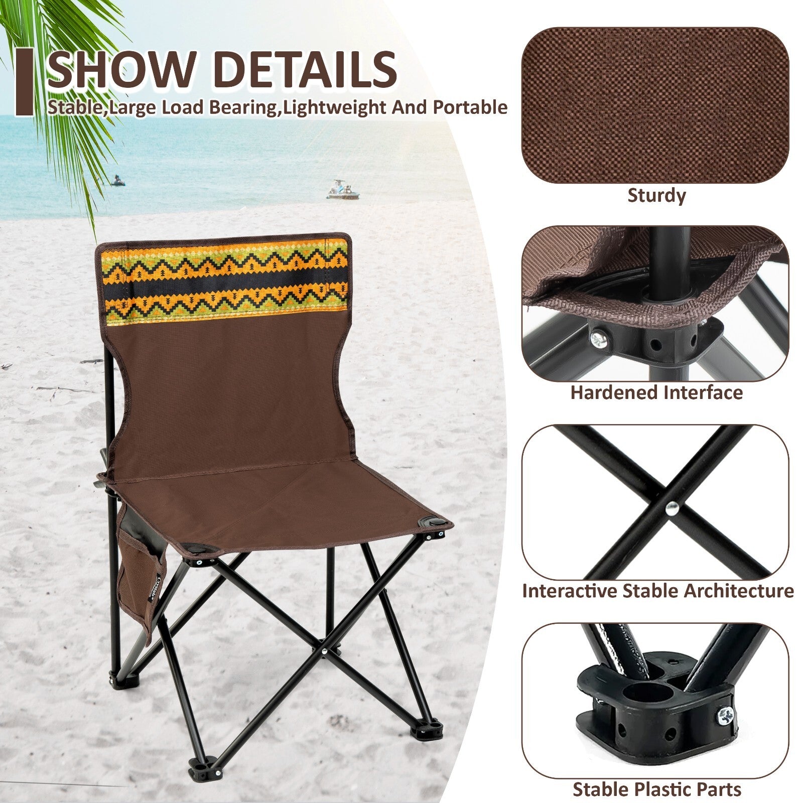 Portable camping chair with patterned back, sturdy frame, ideal for beach or van life adventures