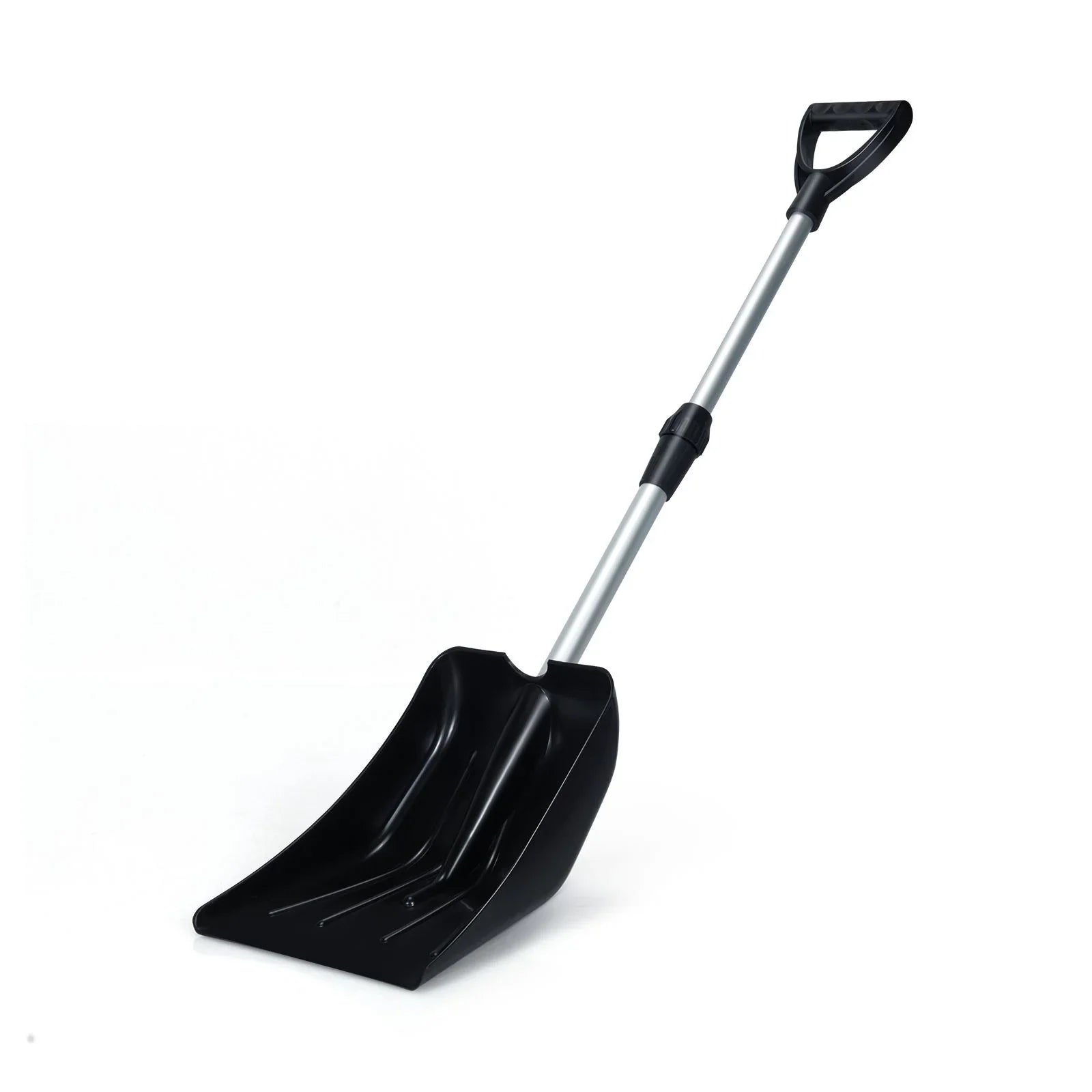 Black snow shovel with aluminum handle for van life and outdoor adventures