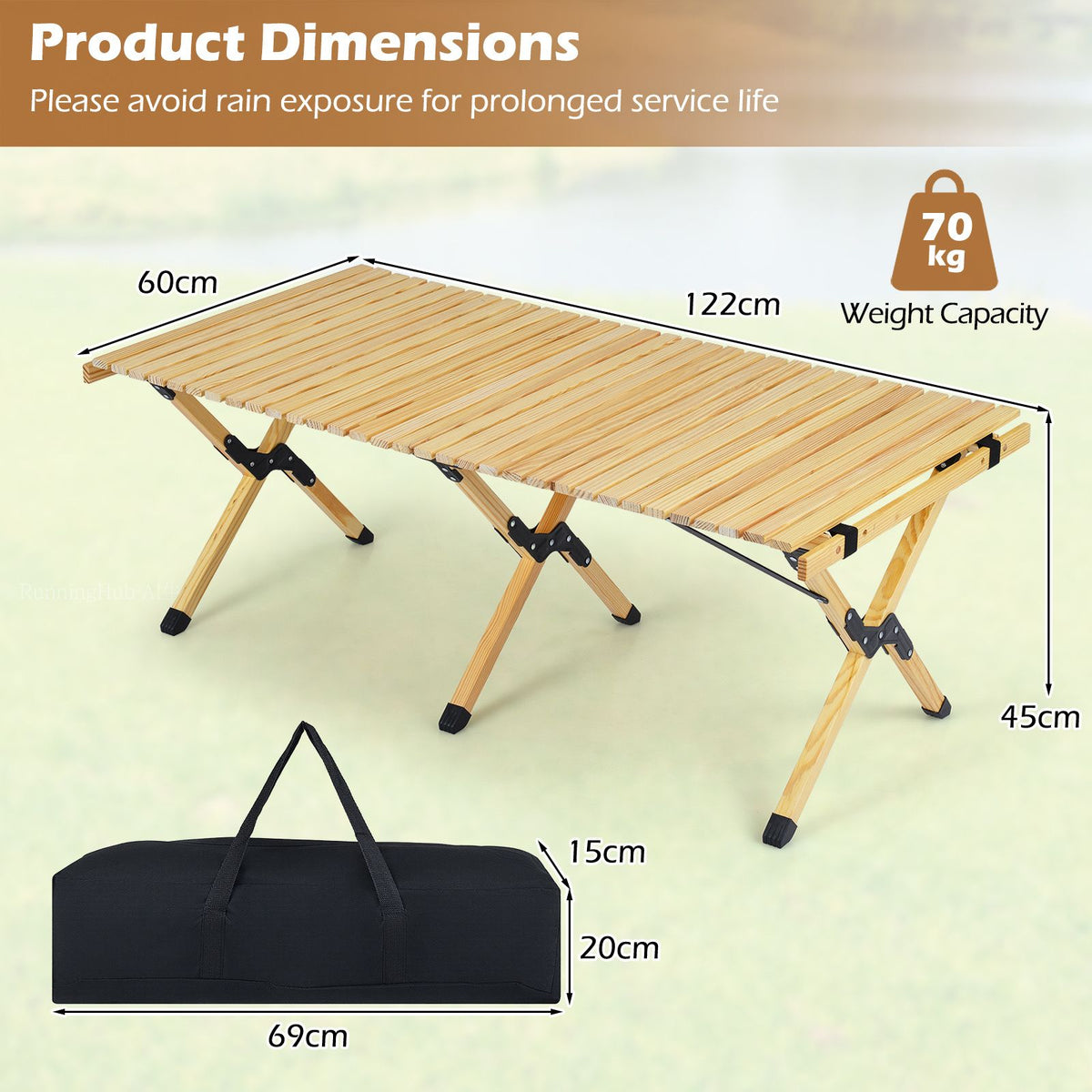 Pine Wood Roll-Up Camping Table with Carry Bag – table and packed bag dimensions