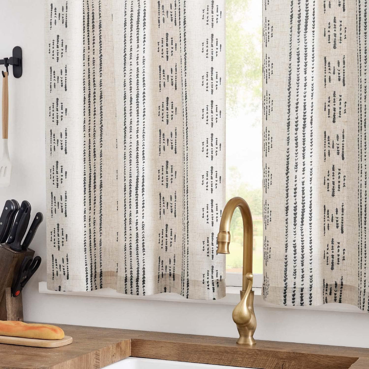 Boho Linen Blend Kitchen Cafe Curtains Black 2 Panels W26 Xl36