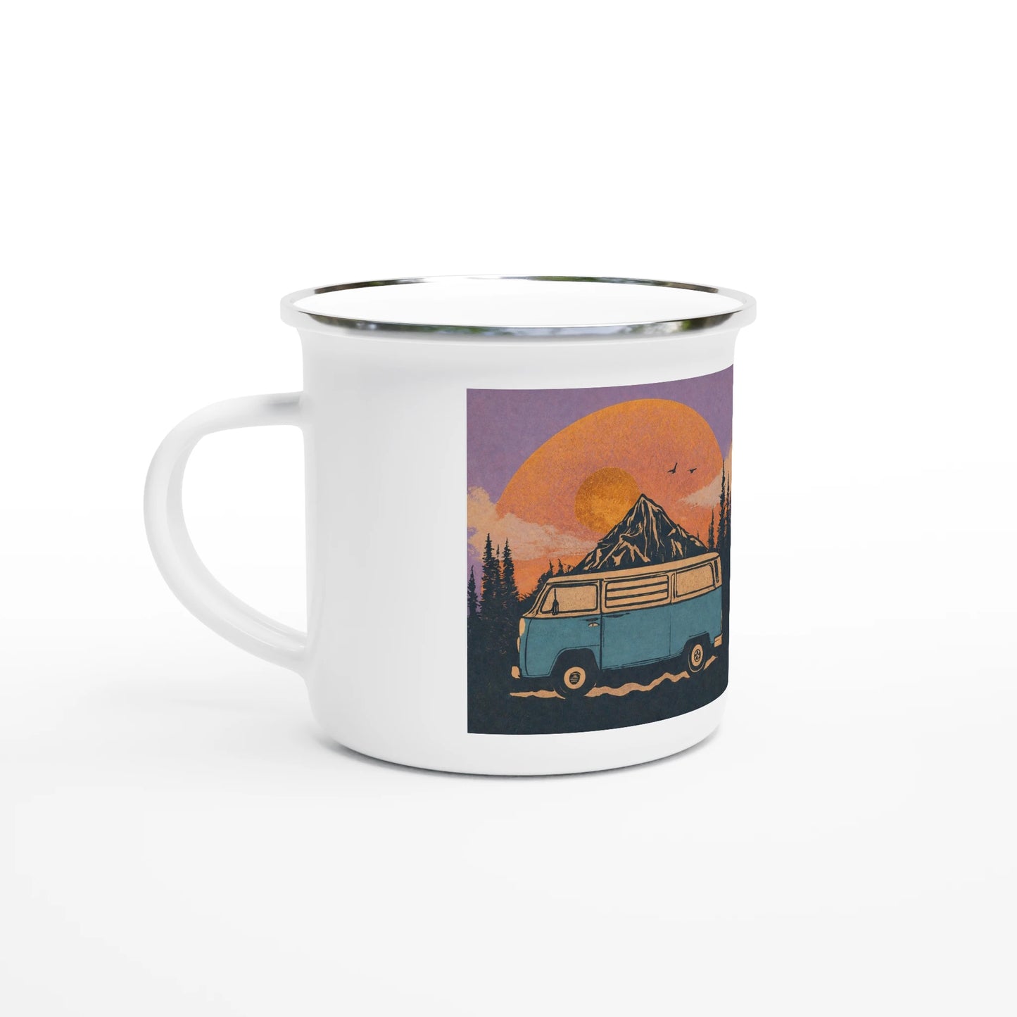 Van life enamel mug with camper van, mountain sunset design for outdoor adventures and road trips