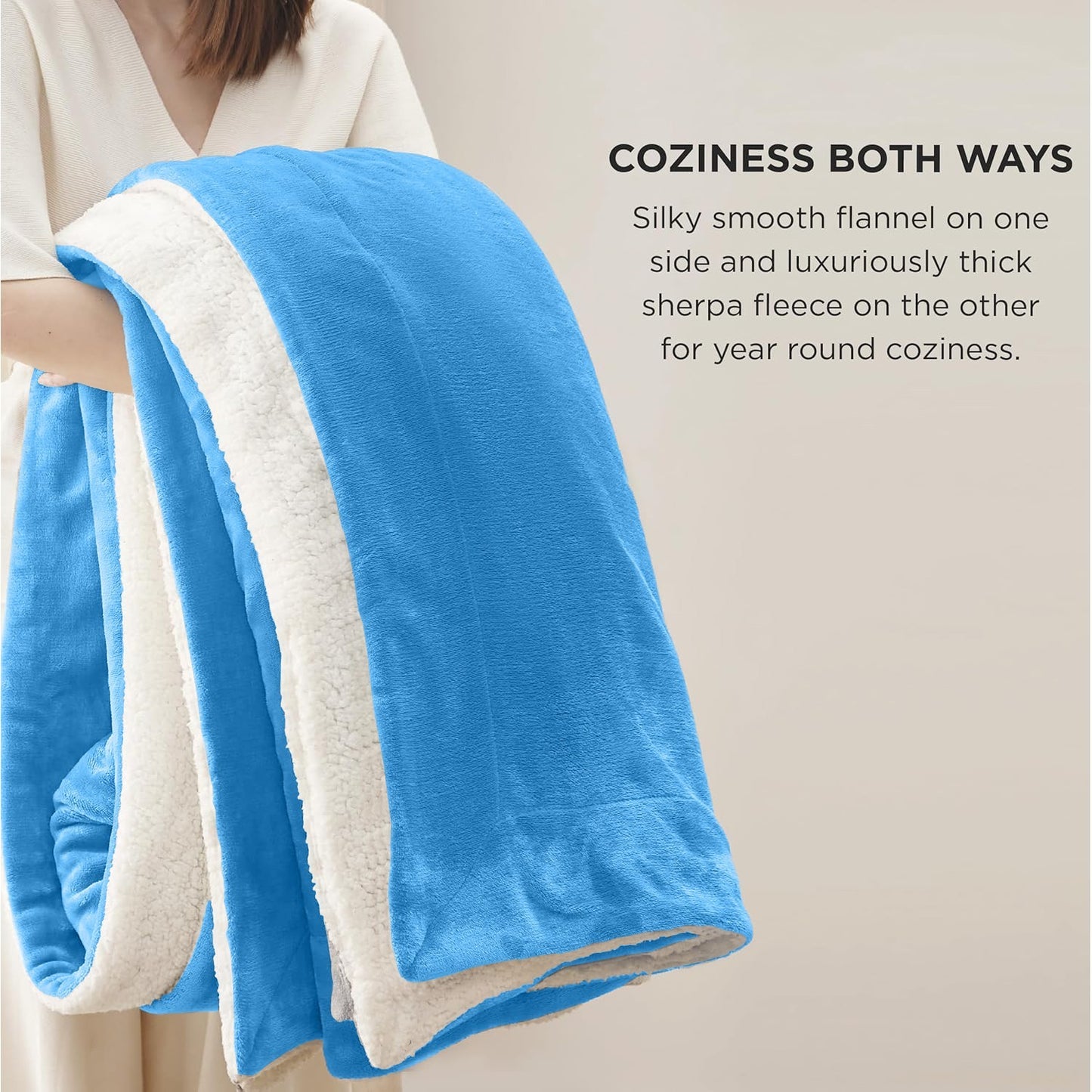 Blue and white reversible sherpa fleece blanket for van life comfort and cozy adventures