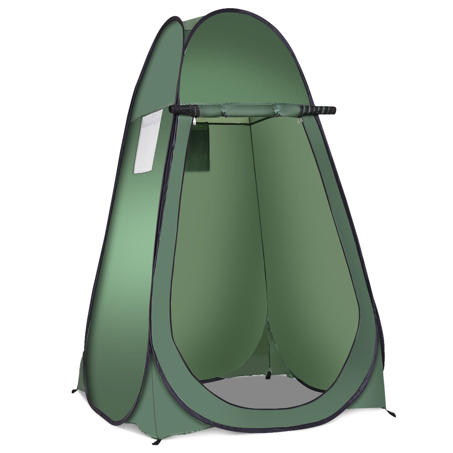 Green pop-up privacy tent for van life, camping, or outdoor adventures with hanging rod