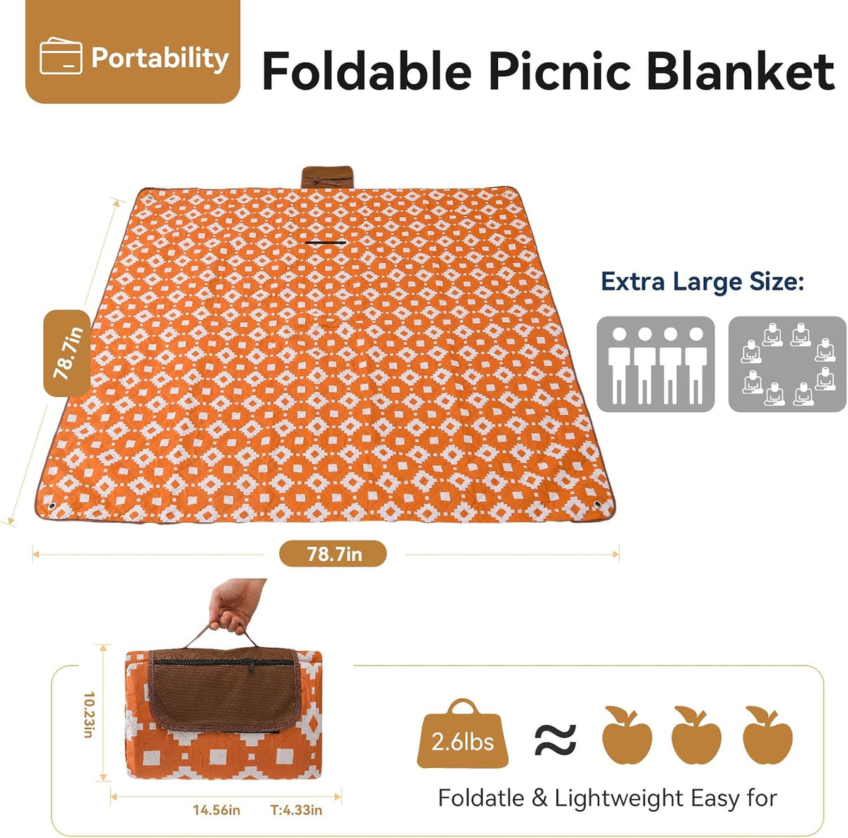 Picnic Blanket Waterproof 200X200Cm, Extra Large 3-Layer Thicking Beach Blanket Outdoor Camping Blanket Machine Washable Foldable Picnic Mat Camarel
