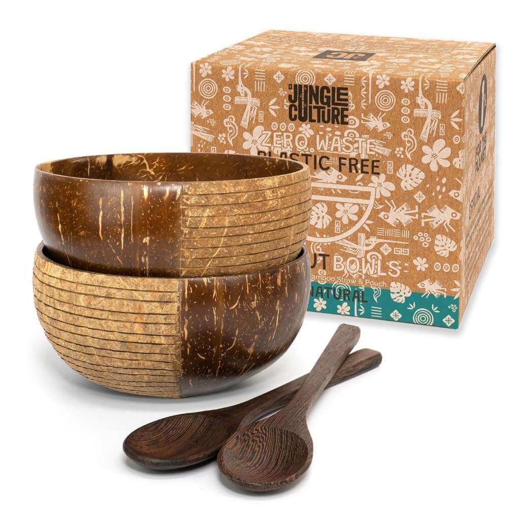 Eco-friendly coconut bowls with wooden spoons, zero waste van life essentials for outdoor adventures