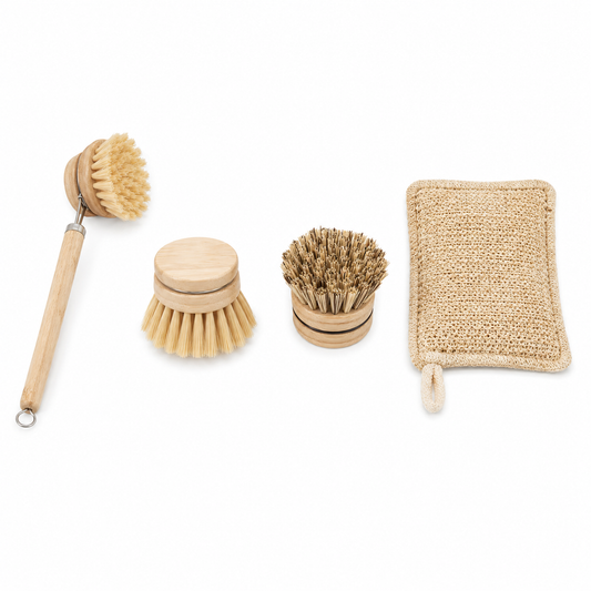Eco-friendly bamboo brushes and loofah sponge for van life cleaning essentials