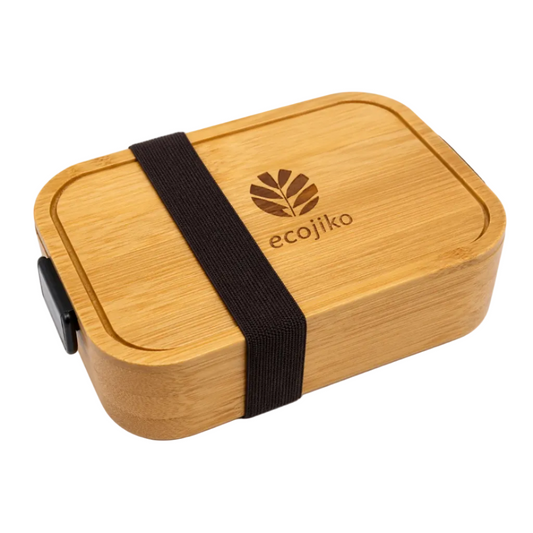 Ecojiko bamboo lunchbox with black strap, perfect for van life and outdoor adventures