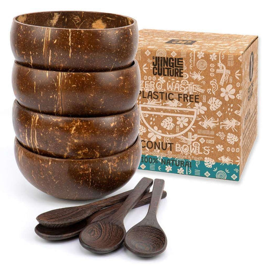 Set of 4 natural coconut bowls with wooden spoons, zero waste, plastic free, ideal for van life and outdoor adventures