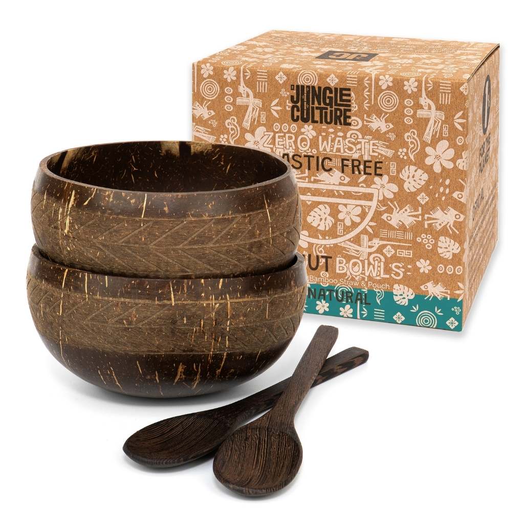 Coconut bowls with wooden spoons, zero waste van life essentials, natural eco-friendly tableware set