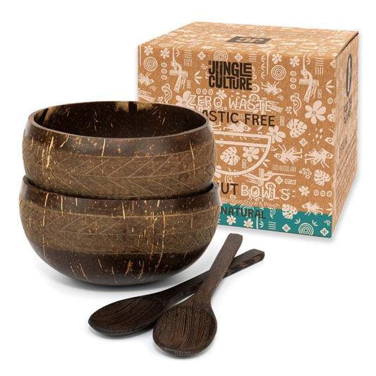 Coconut bowls with wooden spoons, zero waste van life essentials, natural eco-friendly tableware set