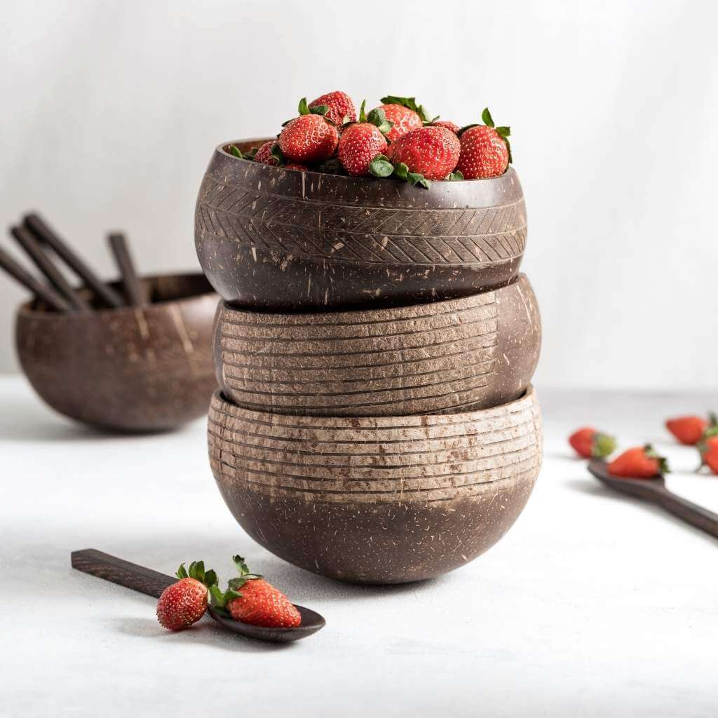 Coconut bowls with strawberries, perfect for van life camping and outdoor adventures