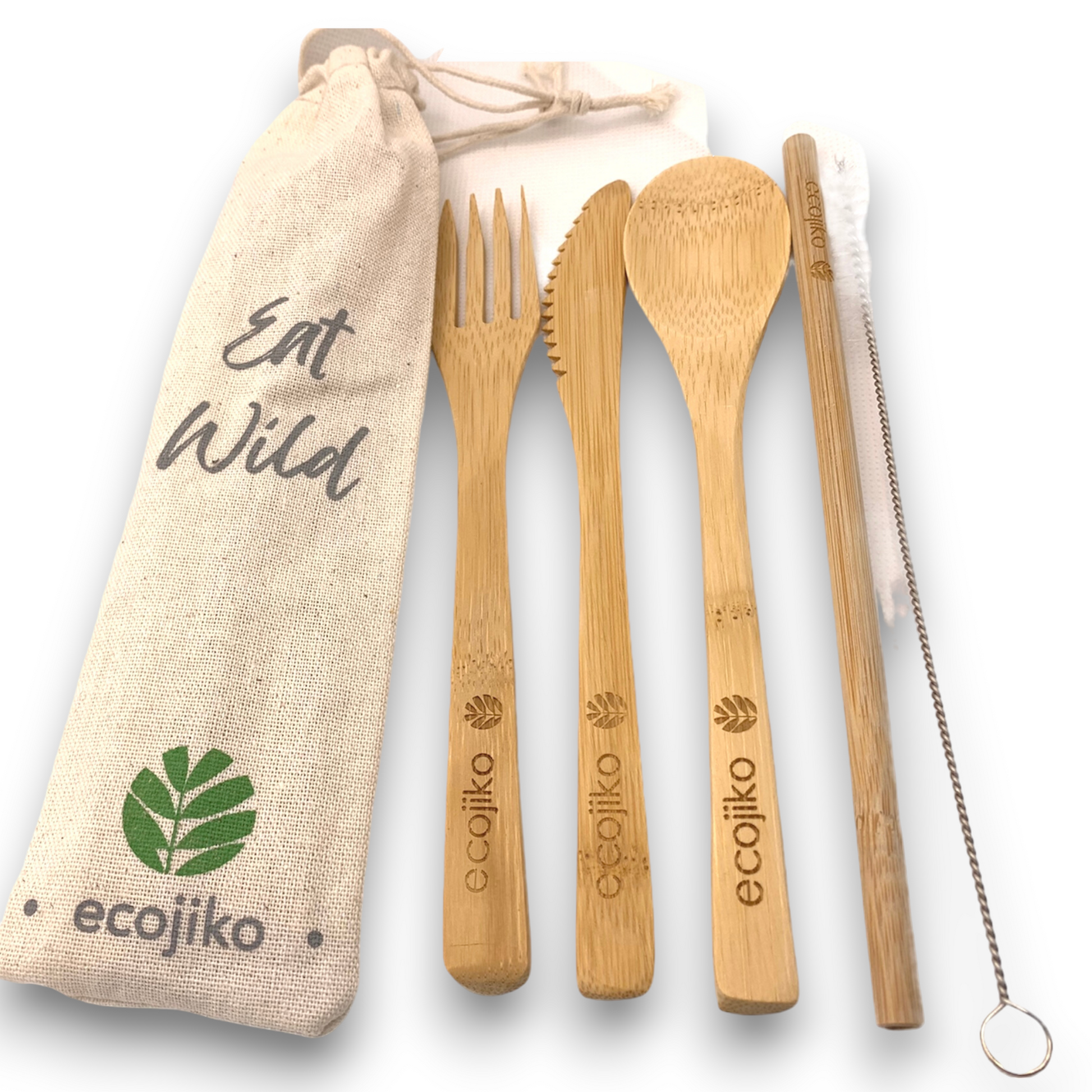 Bamboo cutlery set with fork, knife, spoon, straw & cleaner in 'Eat Wild' canvas pouch for van life adventures