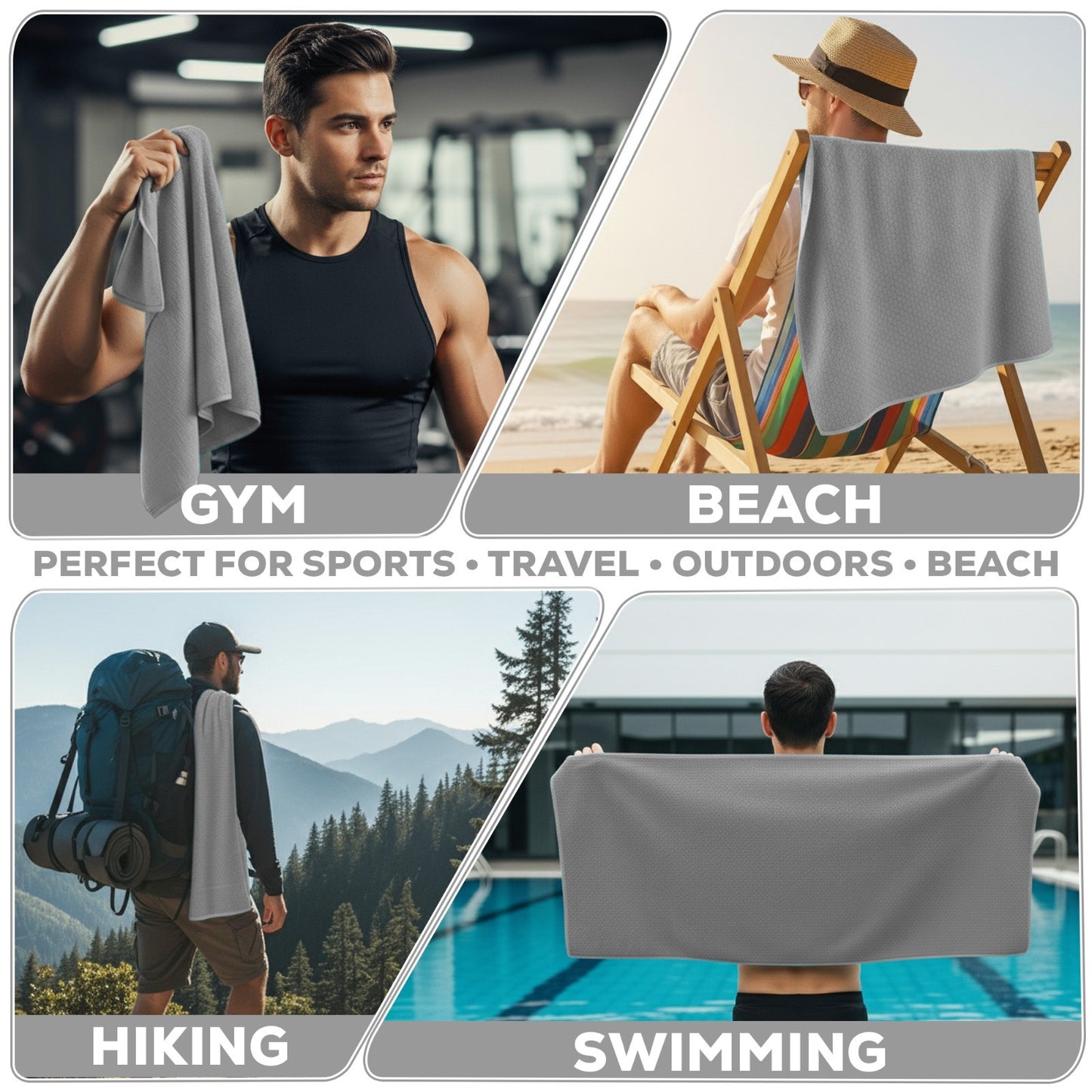Grey quick-dry towel for gym, beach, hiking & swimming – ideal for van life, travel & outdoor adventures